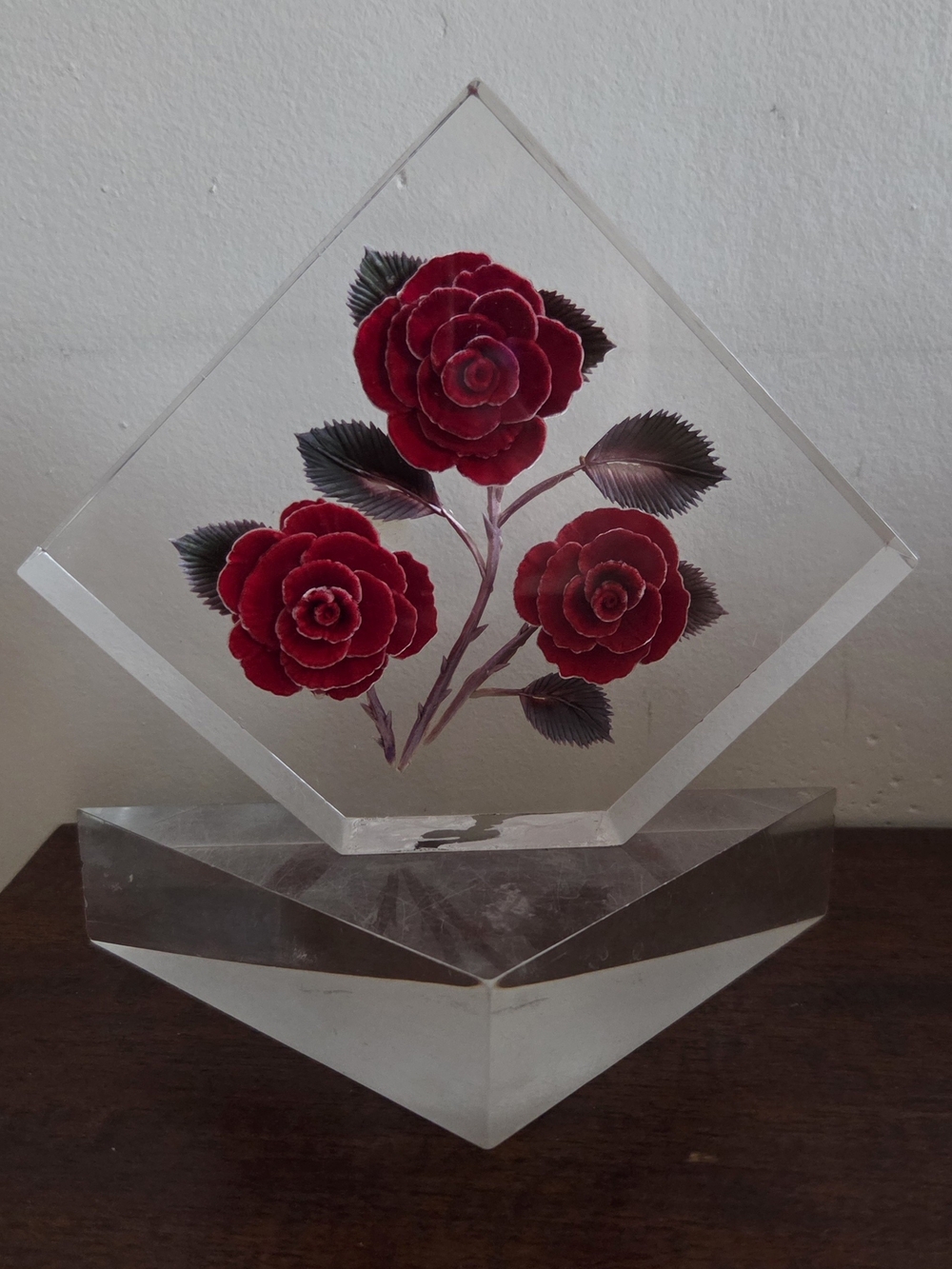 Vintage Reverse Carved Lucite Red Rose Acrylic Stand